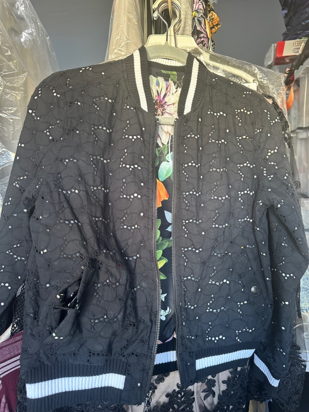 Blank NYC Floral Lined Black Bomber with White Striping